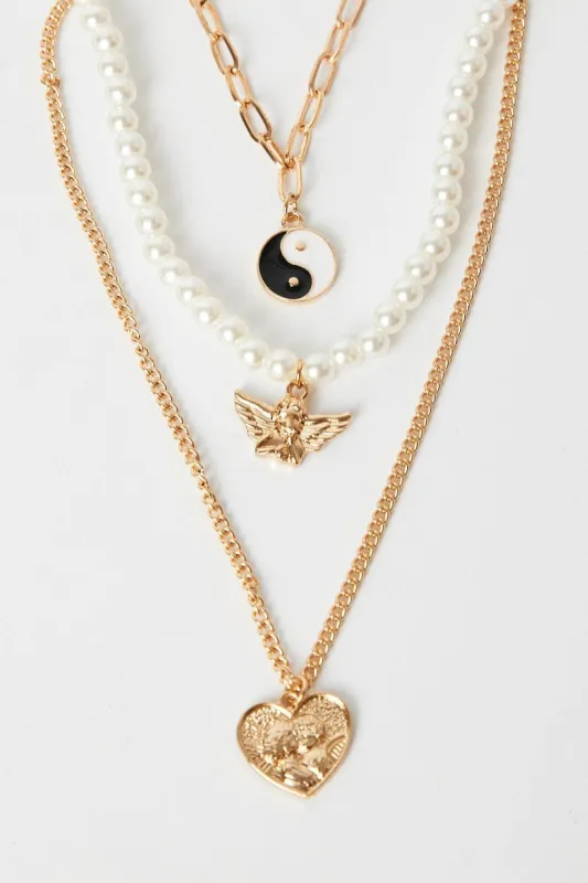 Gold 3 Pack Pendent Necklaces Angel Heart Yin yang made by Ally Fashion