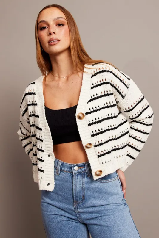 Beige Stripe Oversized Knit Cardigan V Neck Stripe sold by Ally Fashion