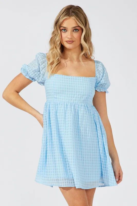Blue Fit and Flare Dress Short Sleeve Self Check sold by Ally Fashion