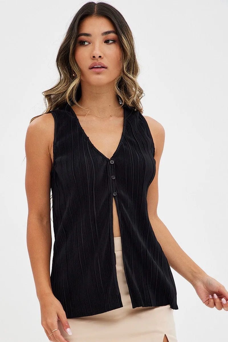Black Top Sleeveless V Neck Buttons Details Plisse sold by Ally Fashion product image thumbnail 3