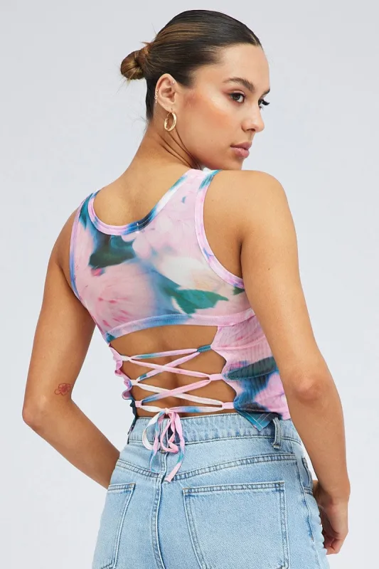 Pink Abstract Mesh Tank Sleeveless sold by Ally Fashion