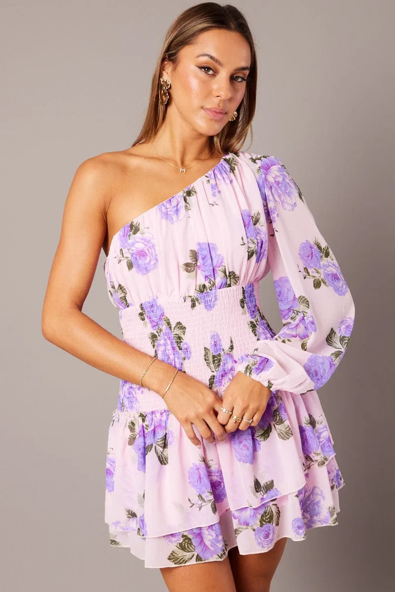 Pink Floral One Shoulder Balloon Sleeve Layered Skater Dress sold by Ally Fashion product image thumbnail 3