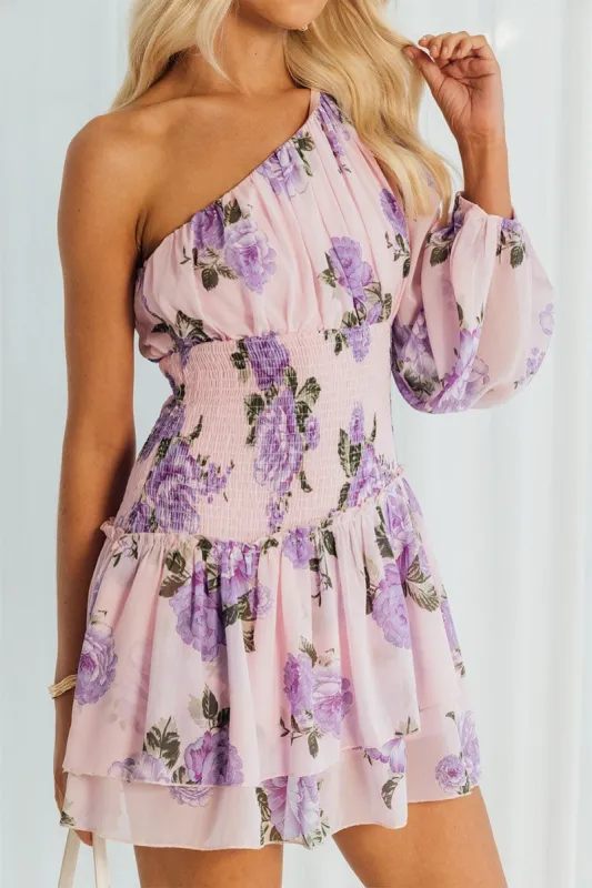 Pink Floral One Shoulder Balloon Sleeve Layered Skater Dress sold by Ally Fashion