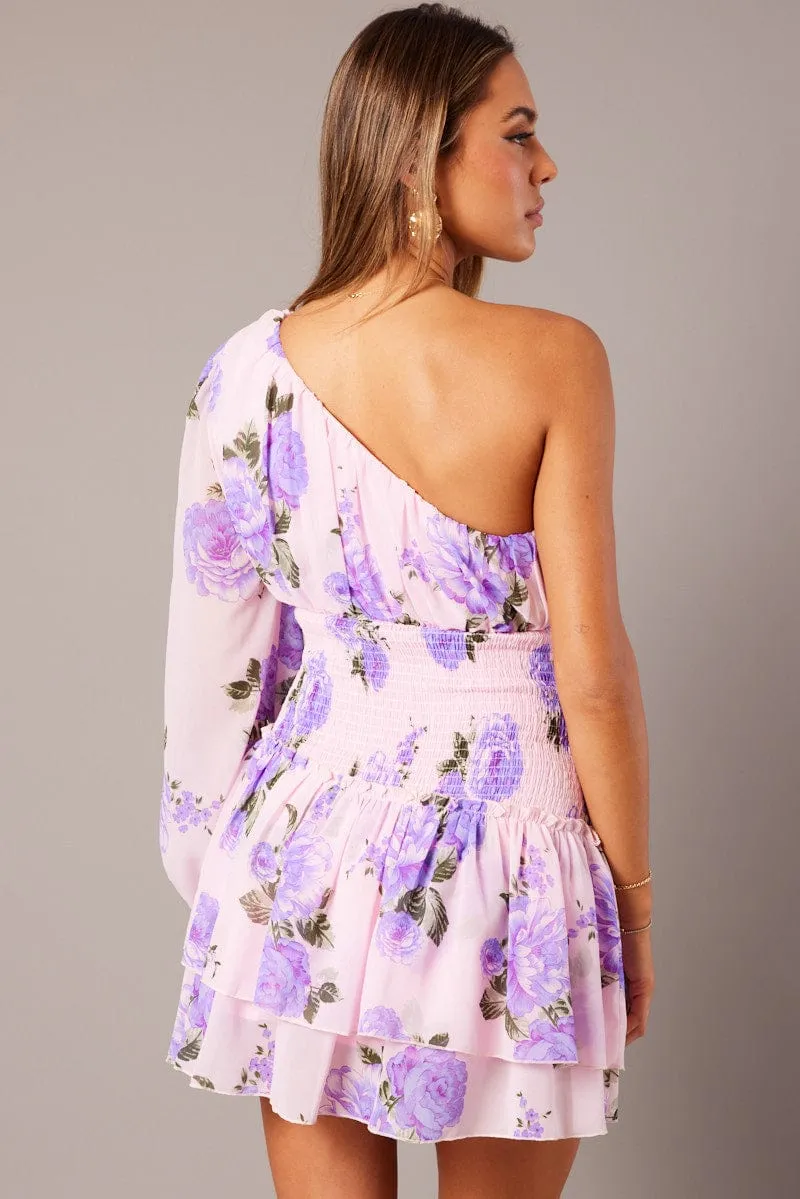 Pink Floral One Shoulder Balloon Sleeve Layered Skater Dress sold by Ally Fashion product image thumbnail 5
