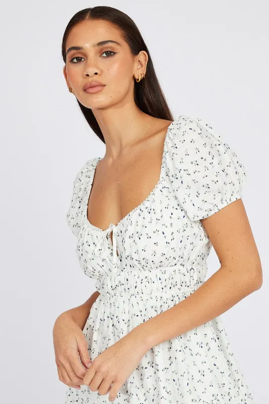 White Ditsy Fit And Flare Dress Puff Sleeve Mini sold by Ally Fashion