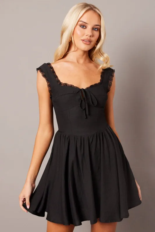 Black Fit and Flare Dress Sleeveless Lace Trim sold by Ally Fashion