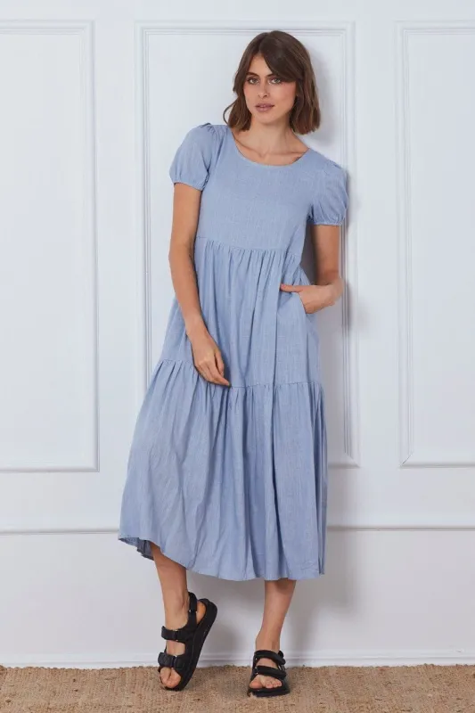 Blue A Line Dress Short Sleeve Linen sold by Ally Fashion