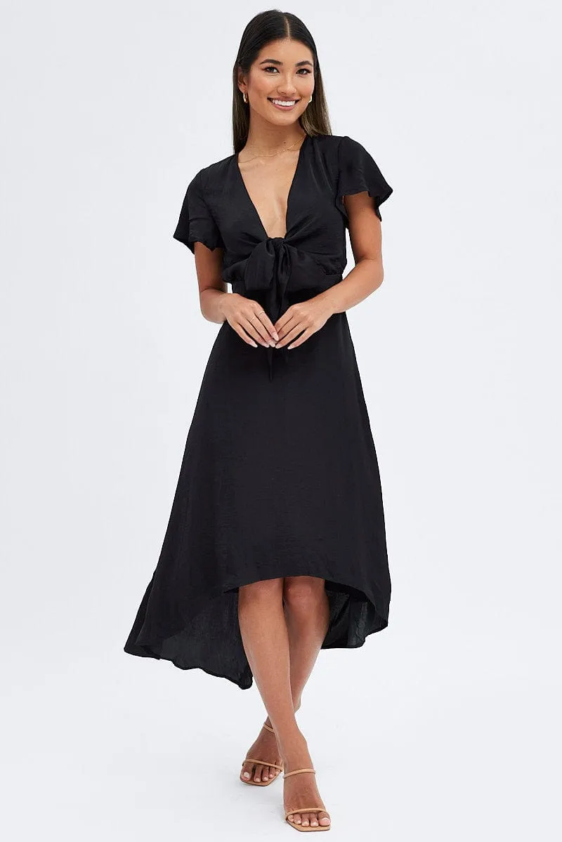 Black Midi Dress Short Sleeve Tie Back Satin sold by Ally Fashion