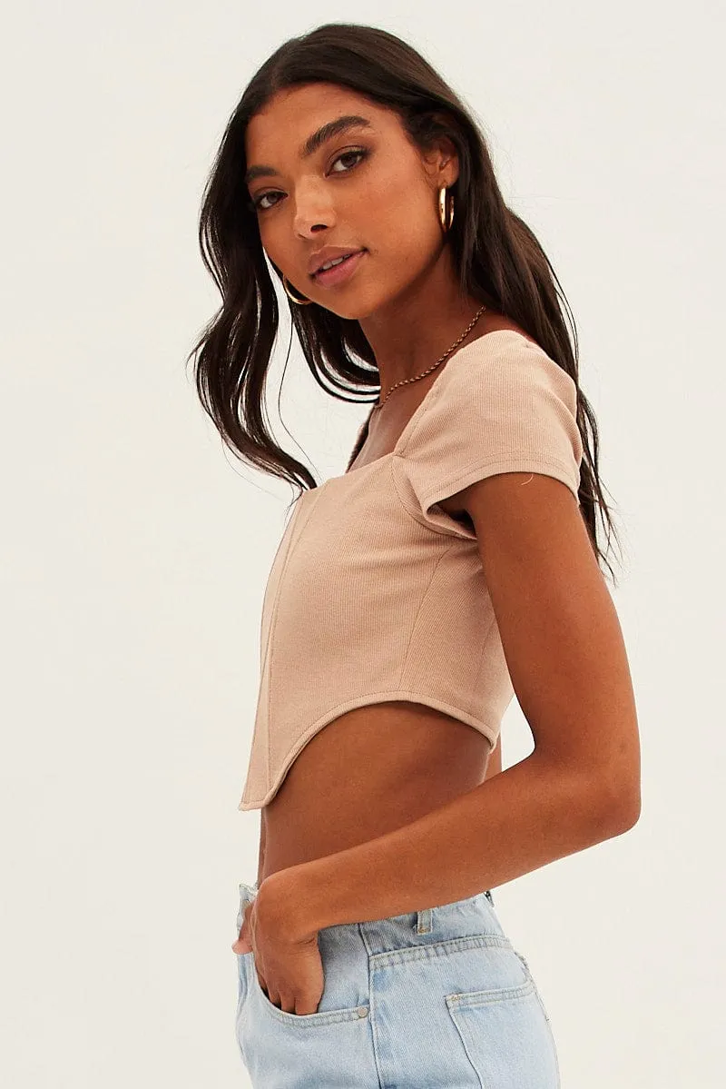 Beige Corset Crop Top Short Sleeve Square Neck sold by Ally Fashion product image thumbnail 4