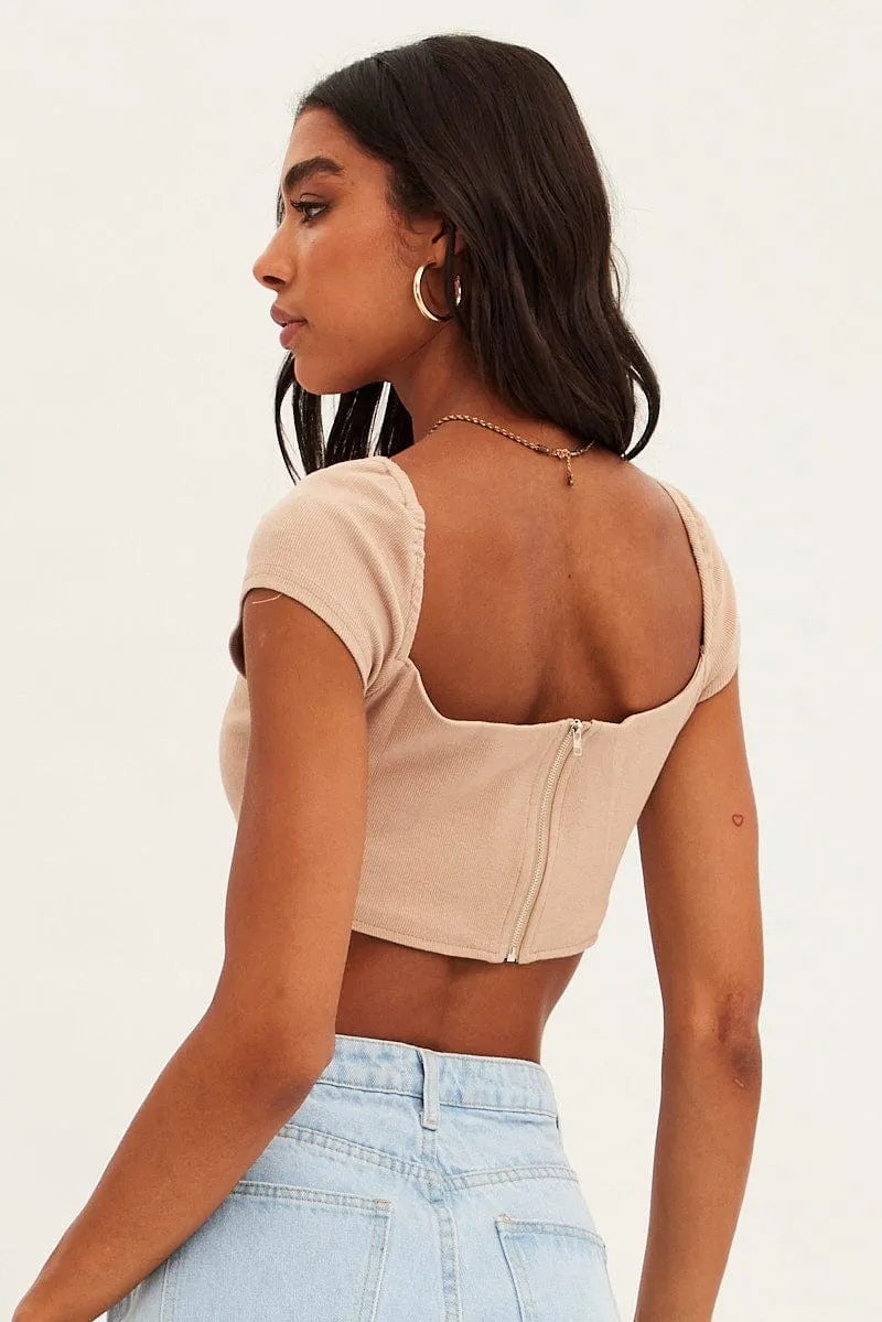 Beige Corset Crop Top Short Sleeve Square Neck sold by Ally Fashion product image thumbnail 5