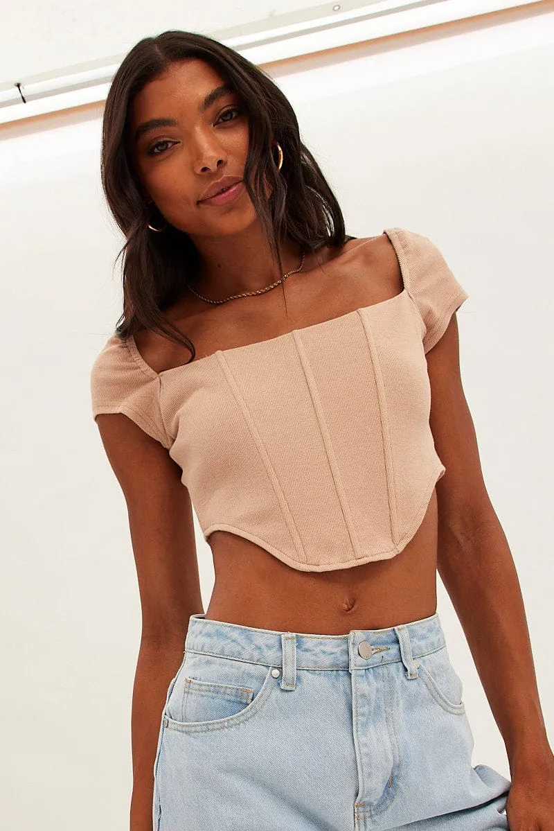Beige Corset Crop Top Short Sleeve Square Neck sold by Ally Fashion product image thumbnail 3