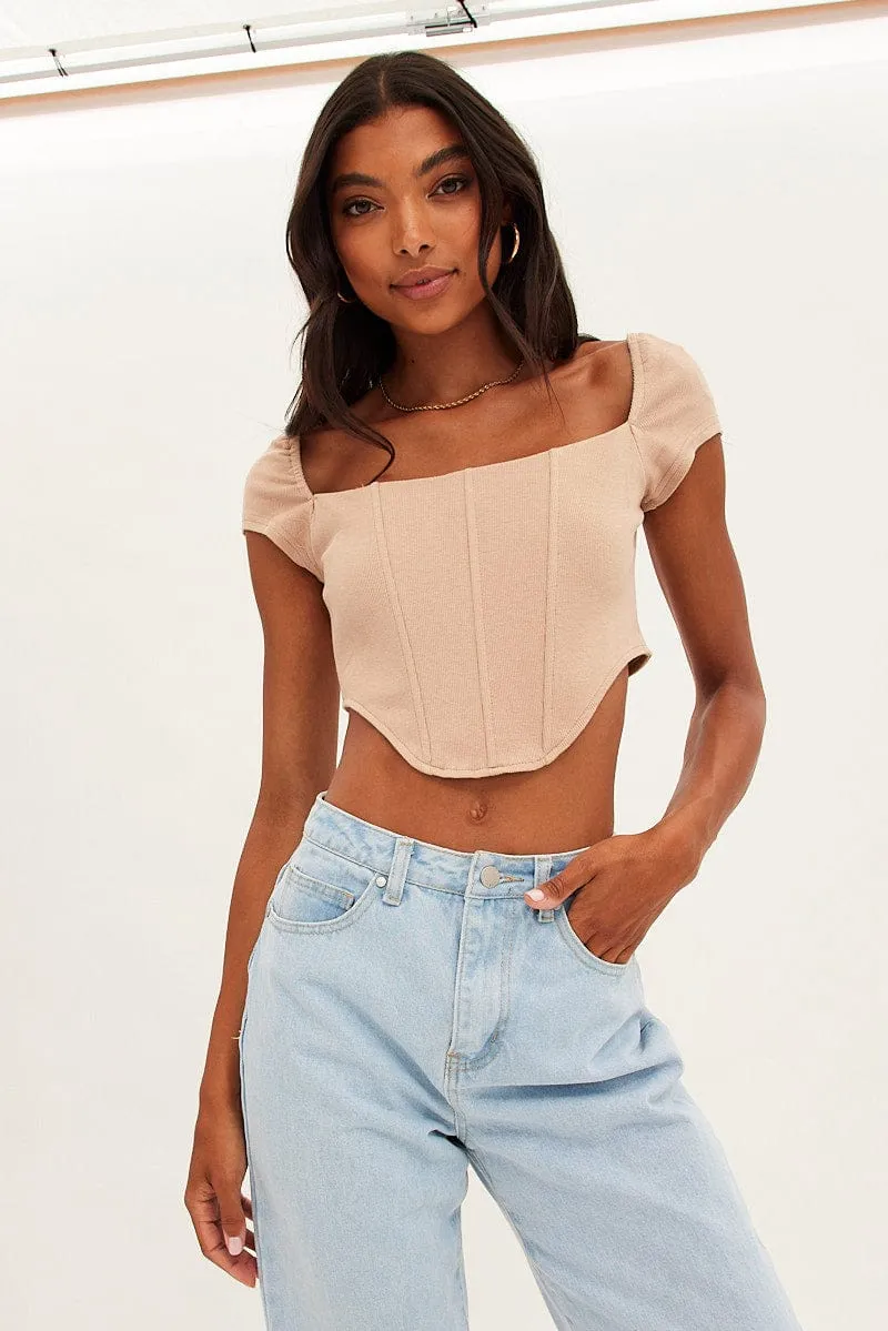 Beige Corset Crop Top Short Sleeve Square Neck sold by Ally Fashion
