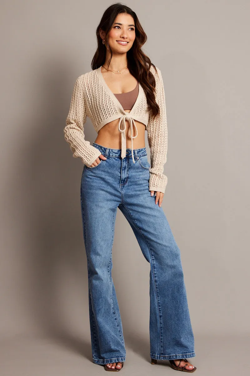 Beige Crochet Knit Cardigan Long Sleeve Tie Up V Neck sold by Ally Fashion product image thumbnail 2