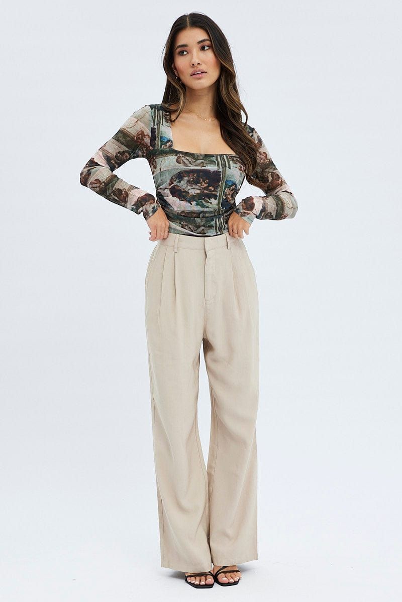 Beige Wide Leg Pants High Rise Pleated sold by Ally Fashion