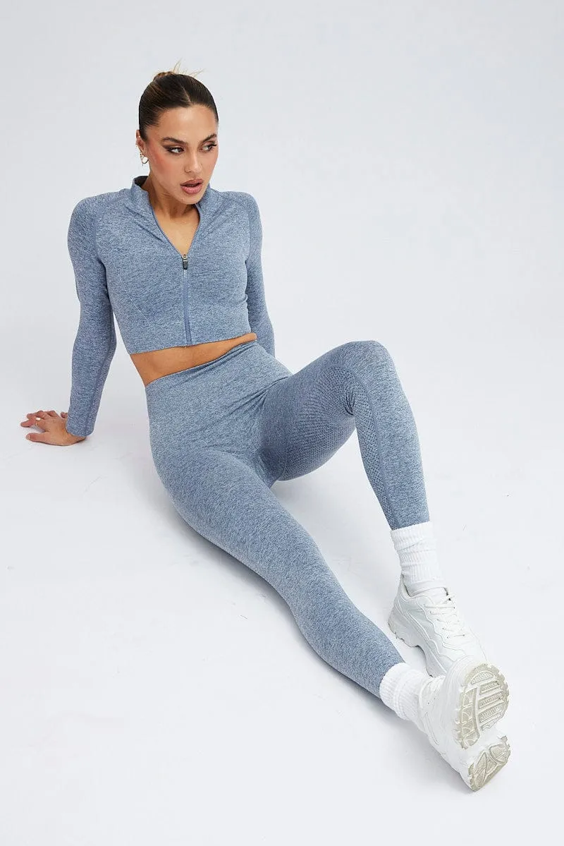 Blue Seamless Zip Up Top and Leggings Activewear Set sold by Ally Fashion product image thumbnail 2