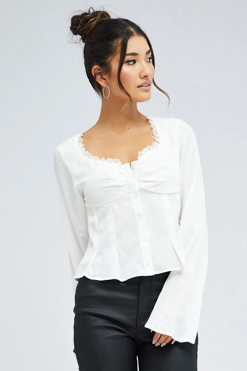 White Top Long Sleeve Sweetheart Neckline Button Up sold by Ally Fashion product image thumbnail 3