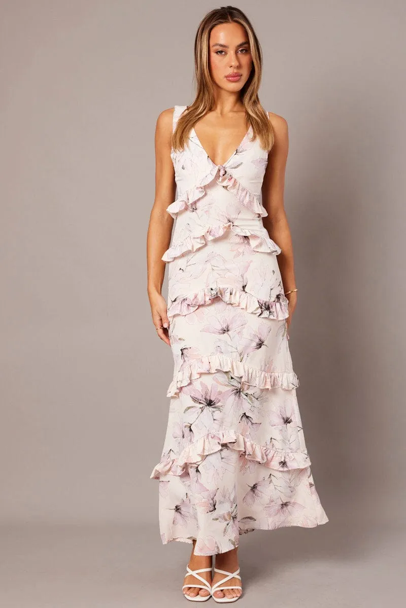 Pink Floral Maxi Dress Tiered Ruffles sold by Ally Fashion