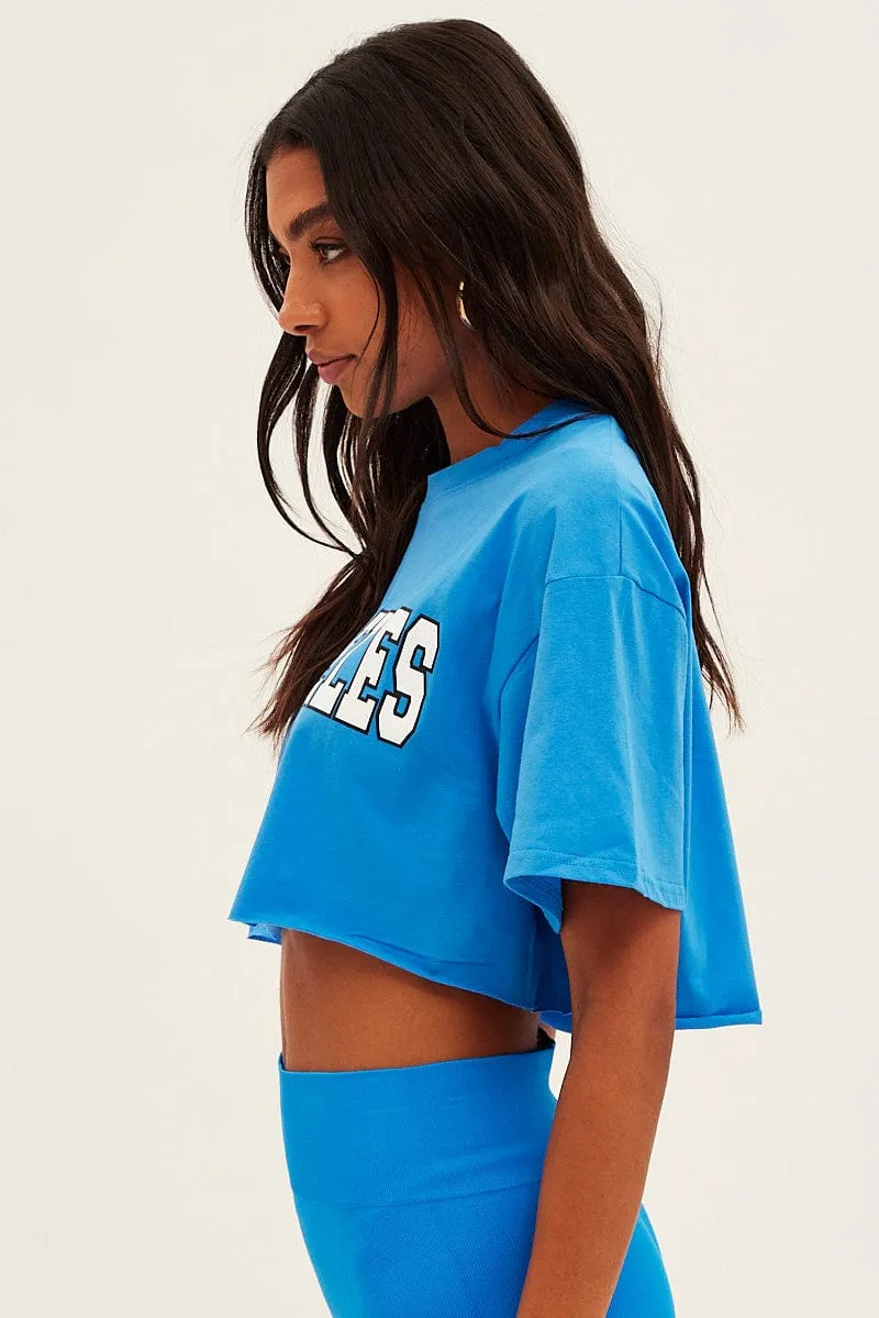 Blue Los Angeles Crop Tee Short Sleeve Crew Neck sold by Ally Fashion product image thumbnail 4