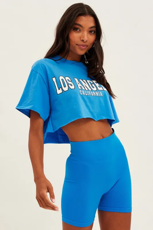Blue Los Angeles Crop Tee Short Sleeve Crew Neck sold by Ally Fashion
