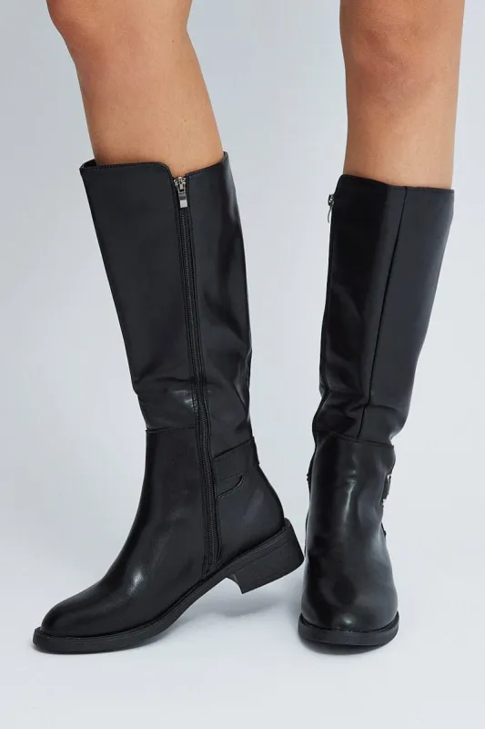 Black Knee High Buckle Boots sold by Ally Fashion