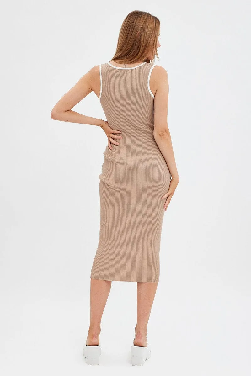 Brown Knit Dress Midi Square Neck Contrast Binding sold by Ally Fashion product image thumbnail 5