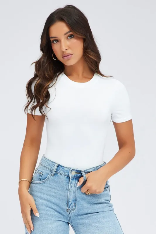 White Bodysuit Short sleeve Crew neck Supersoft sold by Ally Fashion