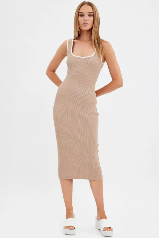 Brown Knit Dress Midi Square Neck Contrast Binding sold by Ally Fashion