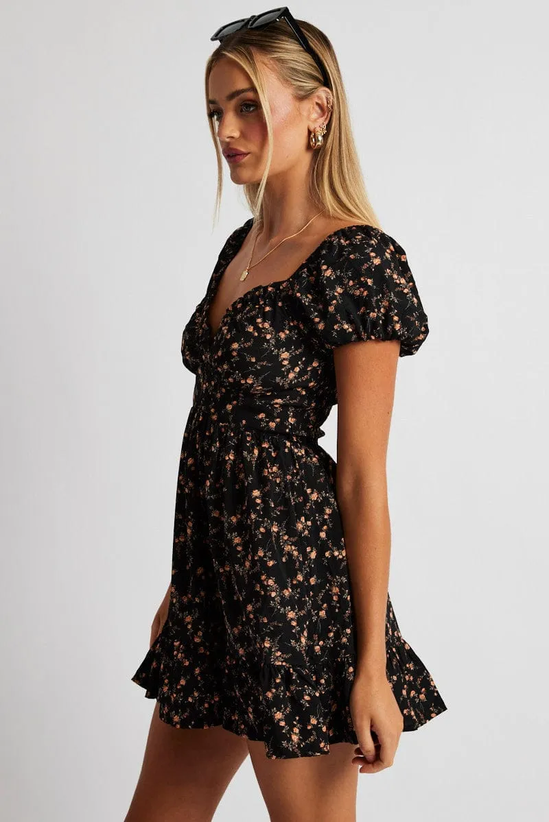 Black Floral Fit And Flare Dress Puff Sleeve sold by Ally Fashion product image thumbnail 4