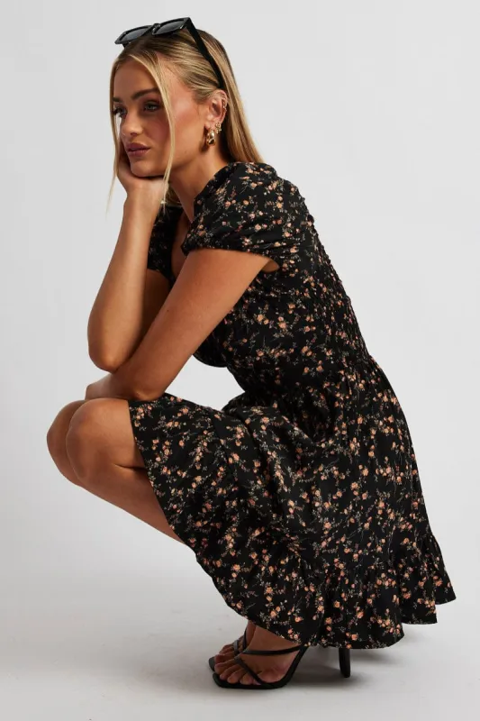Black Floral Fit And Flare Dress Puff Sleeve sold by Ally Fashion