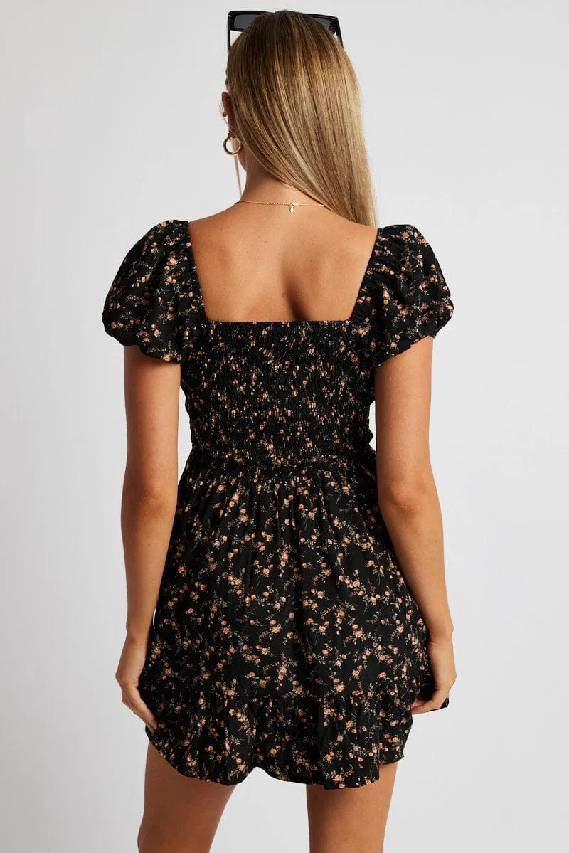 Black Floral Fit And Flare Dress Puff Sleeve sold by Ally Fashion product image thumbnail 5