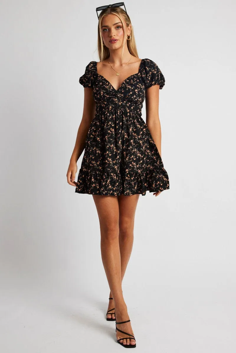 Black Floral Fit And Flare Dress Puff Sleeve sold by Ally Fashion product image thumbnail 2