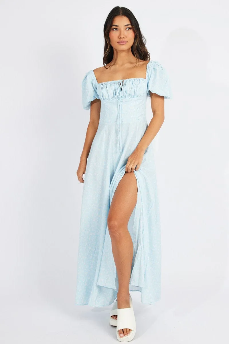 Blue Floral Ruched Bust Maxi Dress Short Sleeve sold by Ally Fashion product image thumbnail 2