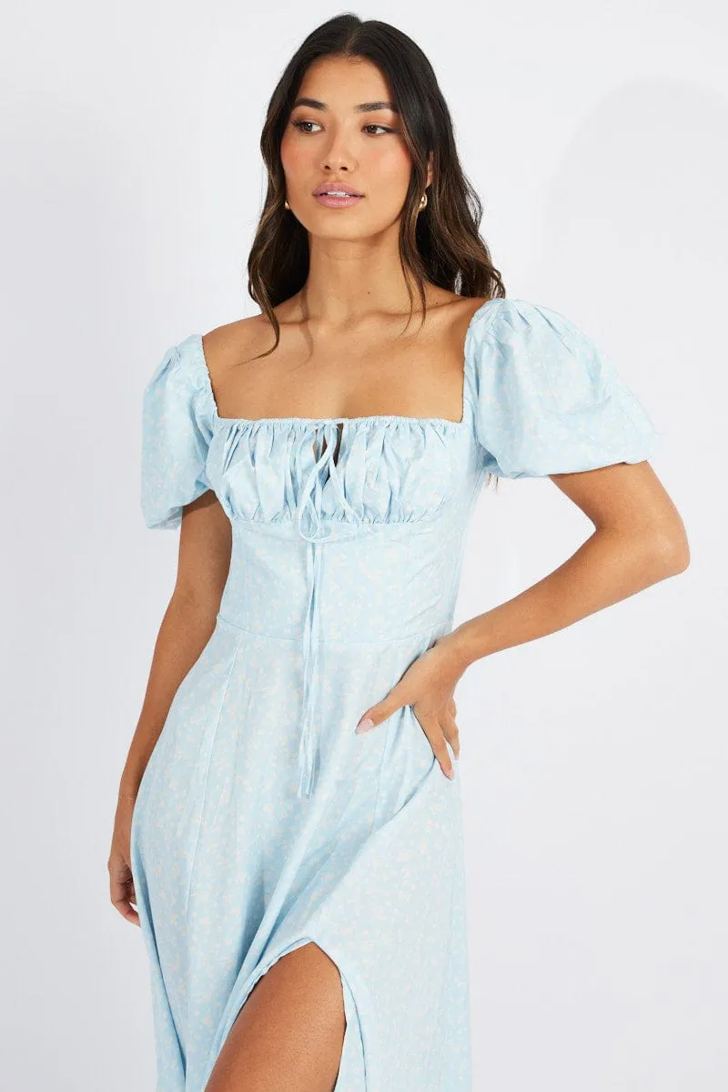Blue Floral Ruched Bust Maxi Dress Short Sleeve sold by Ally Fashion product image thumbnail 3