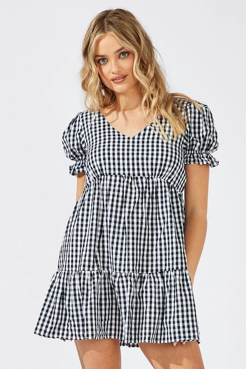 Black Check Smock Dress Short Sleeve Tiered sold by Ally Fashion