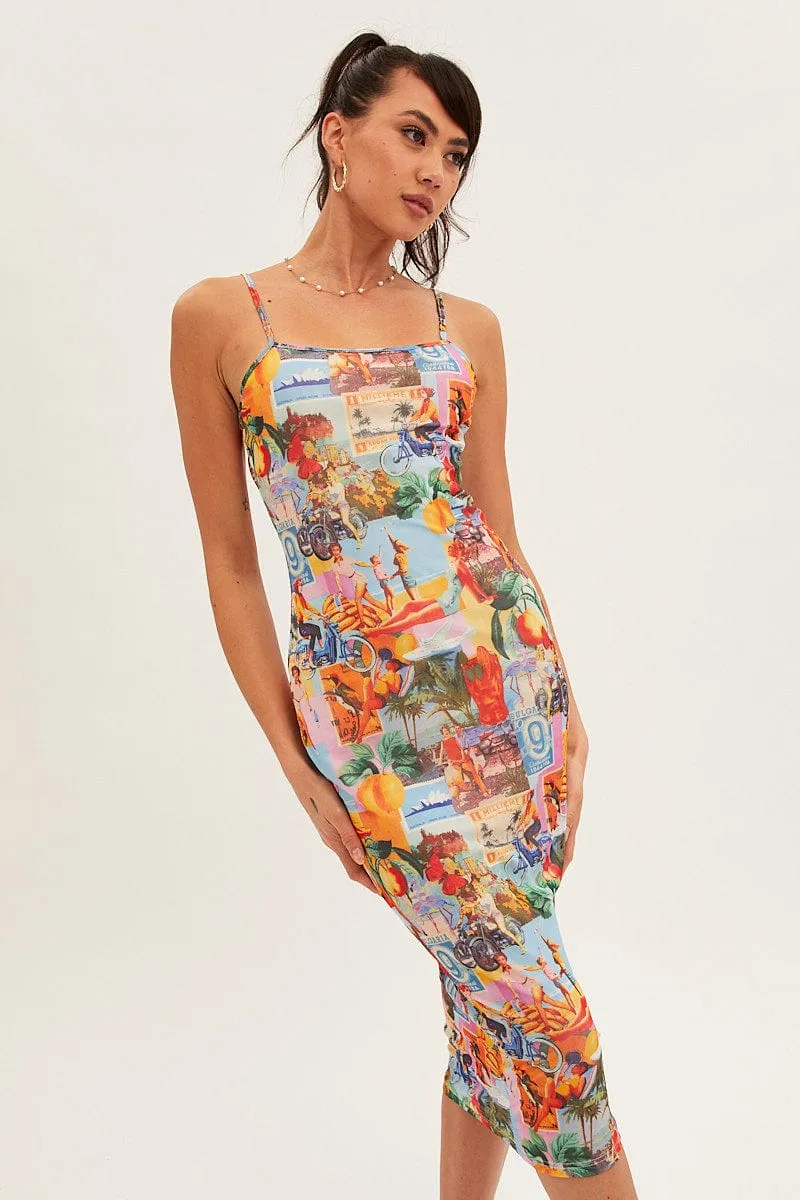 Orange Abstract Midi Dress Straps Bodycon Postcard Holiday Print sold by Ally Fashion product image thumbnail 3
