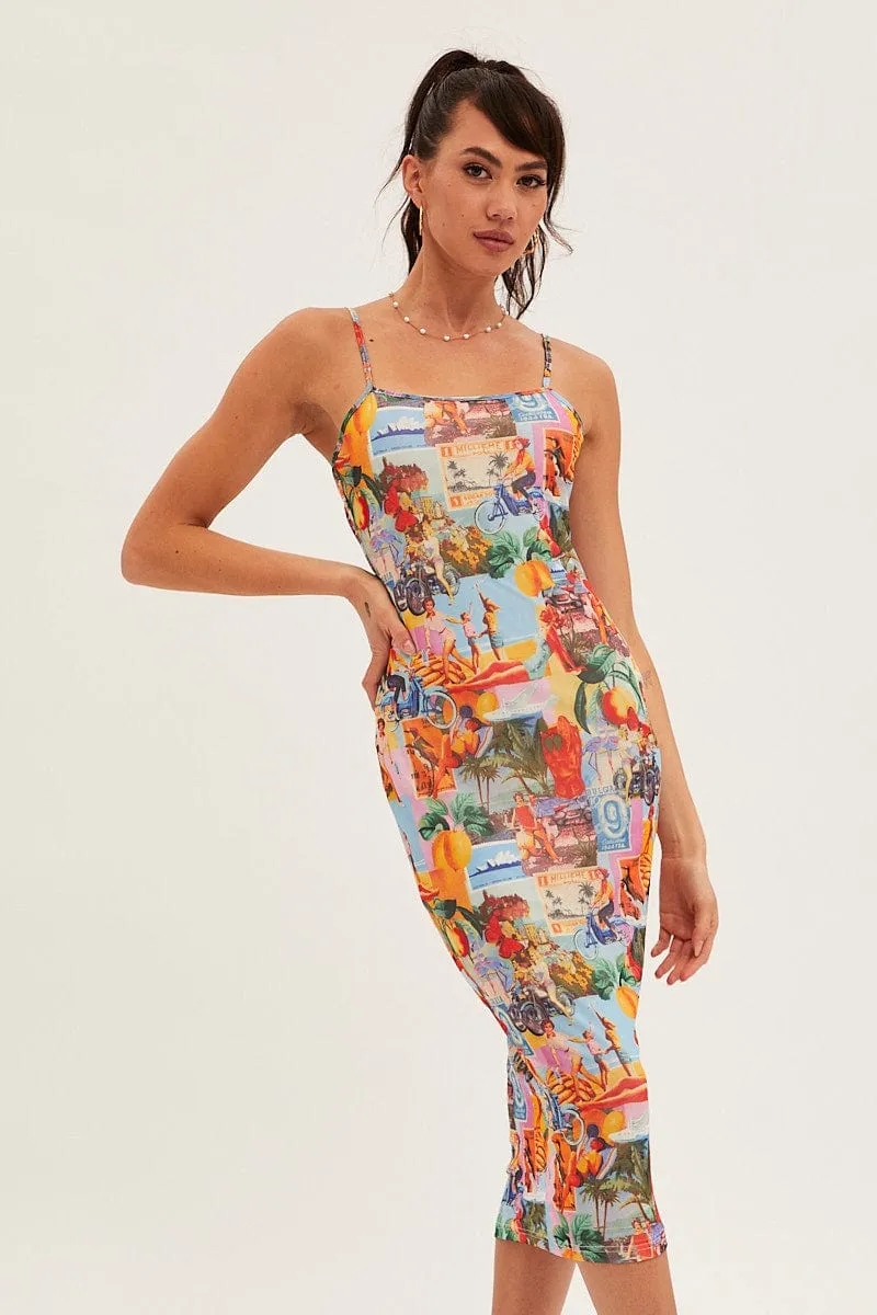 Orange Abstract Midi Dress Straps Bodycon Postcard Holiday Print sold by Ally Fashion product image thumbnail 2