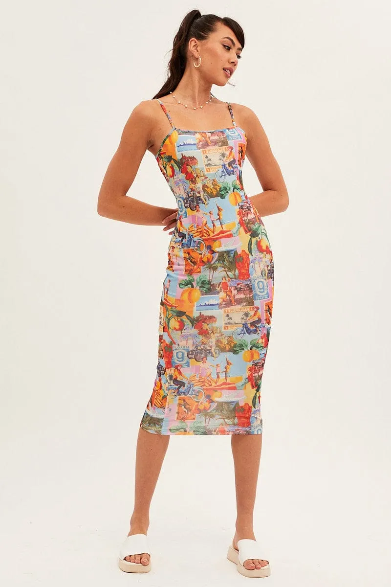 Orange Abstract Midi Dress Straps Bodycon Postcard Holiday Print sold by Ally Fashion product image thumbnail 4