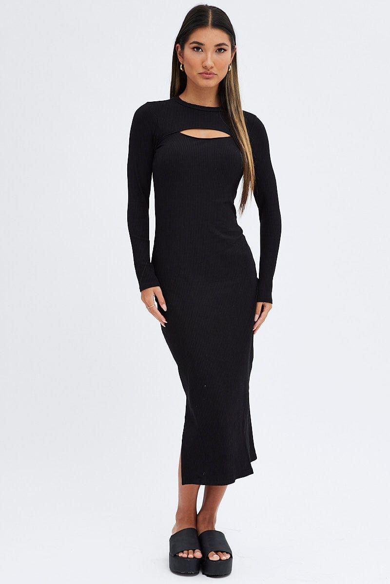 Black Midi Dress Long Sleeve Mock Neck Cut Out Bodycon sold by Ally Fashion product image thumbnail 3