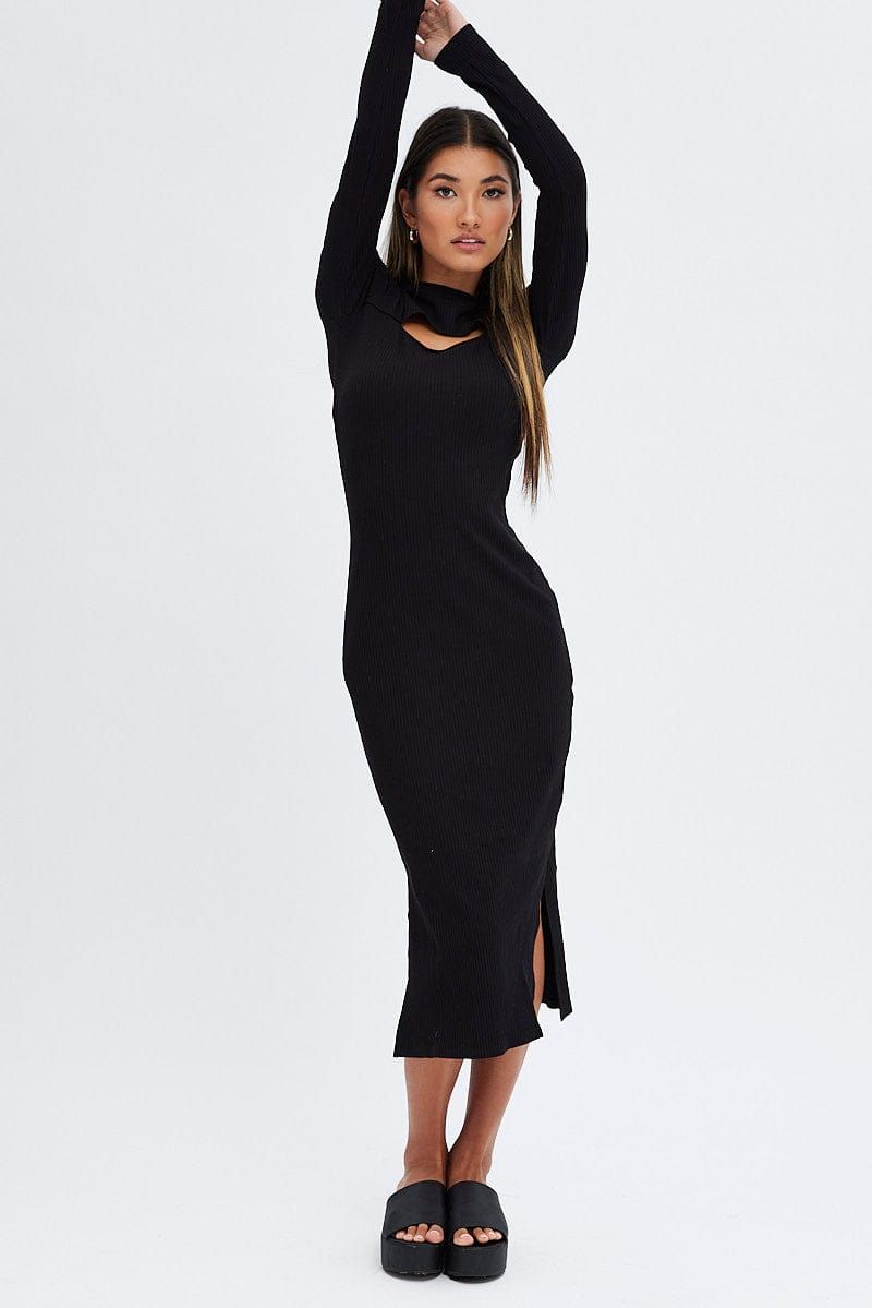 Black Midi Dress Long Sleeve Mock Neck Cut Out Bodycon sold by Ally Fashion