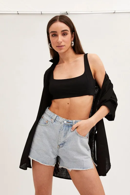 Black Long Line Roll Sleeve Collared Button Front Shirt sold by Ally Fashion