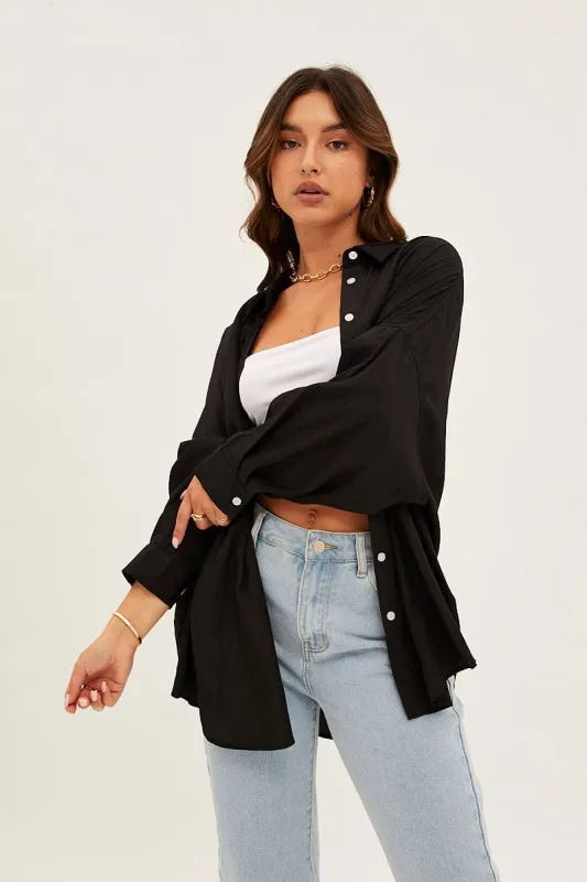 Black Essential Oversized Long Sleeve Collared Shirt sold by Ally Fashion