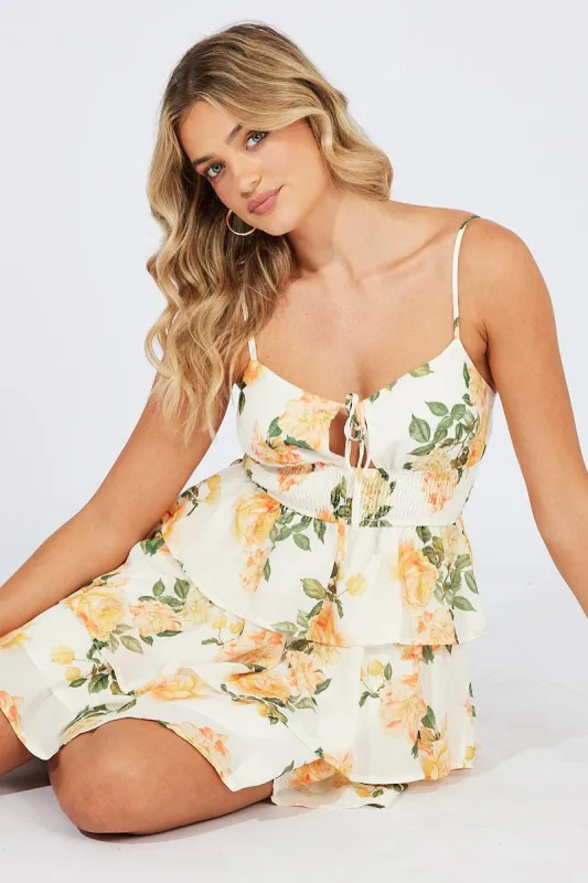 Yellow Floral Fit and Flare Dress Sleeveless Ruffle sold by Ally Fashion
