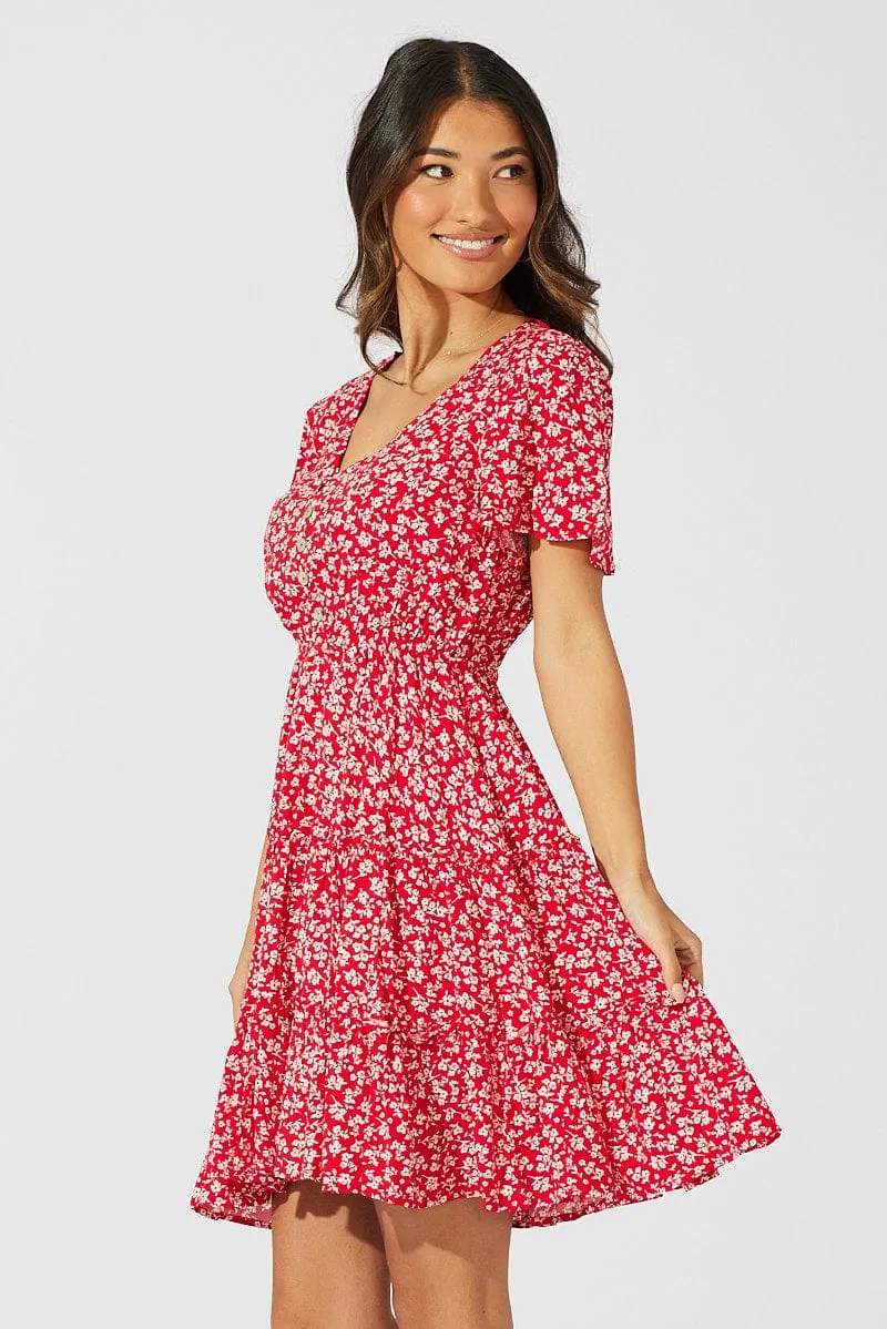 Red Ditsy Fit And Flare Dress V-neck Mini sold by Ally Fashion product image thumbnail 4