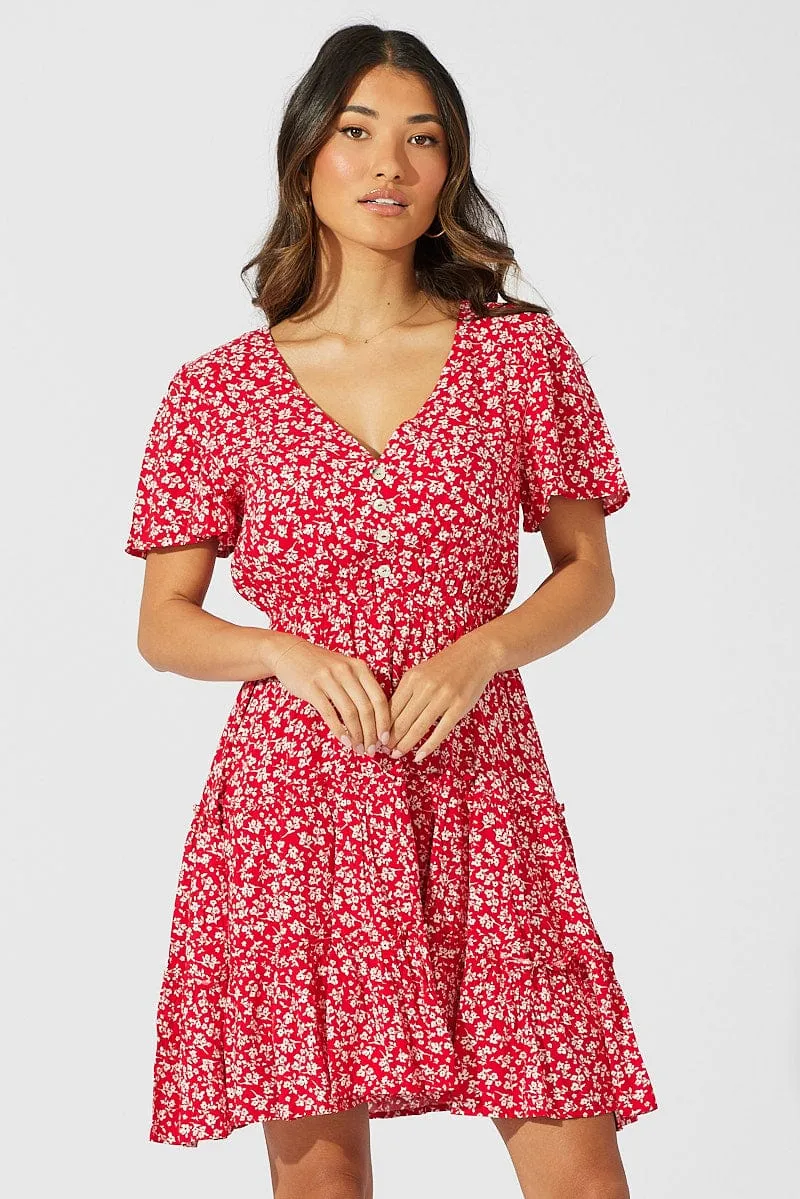 Red Ditsy Fit And Flare Dress V-neck Mini sold by Ally Fashion