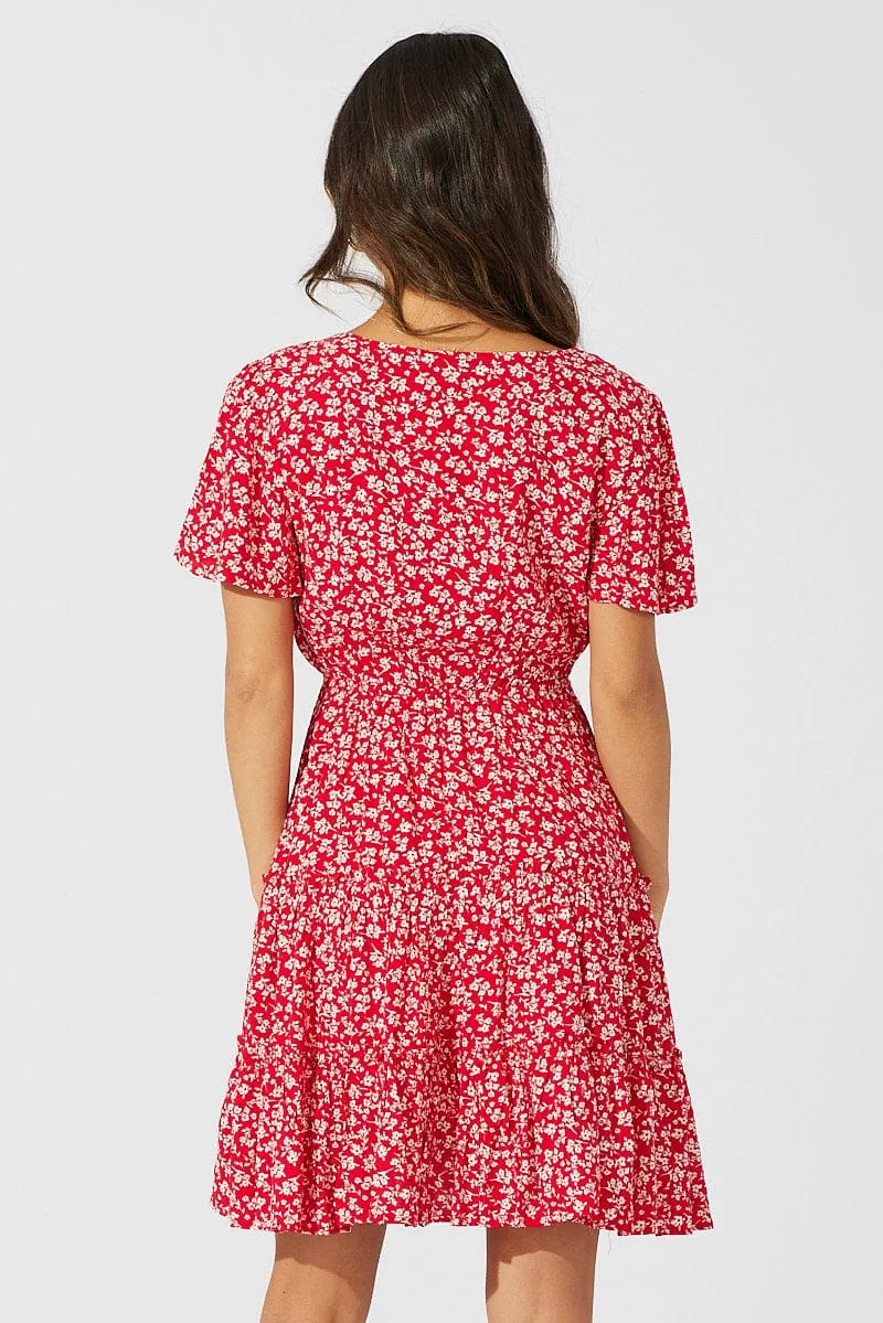 Red Ditsy Fit And Flare Dress V-neck Mini sold by Ally Fashion product image thumbnail 5