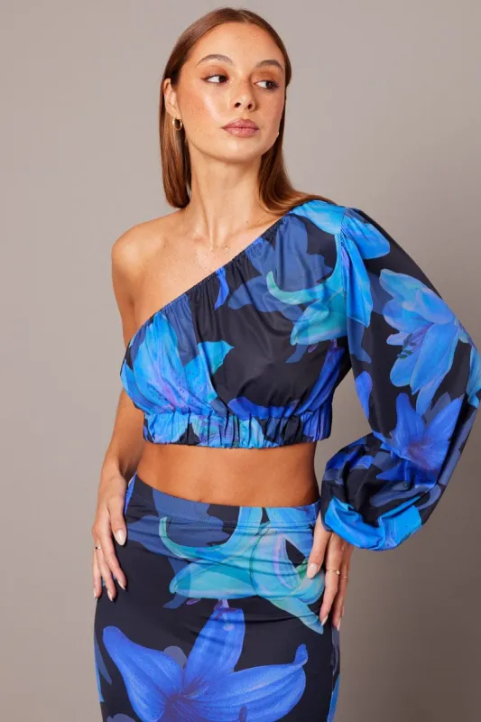 Blue Floral One Shoulder Top Balloon Sleeve Crop Top sold by Ally Fashion