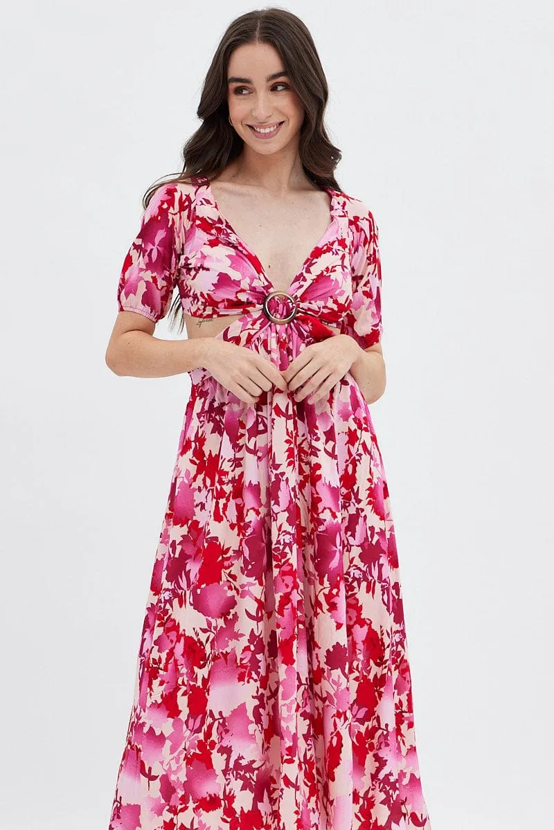 Red Floral Cutout Midi Dress sold by Ally Fashion product image thumbnail 2