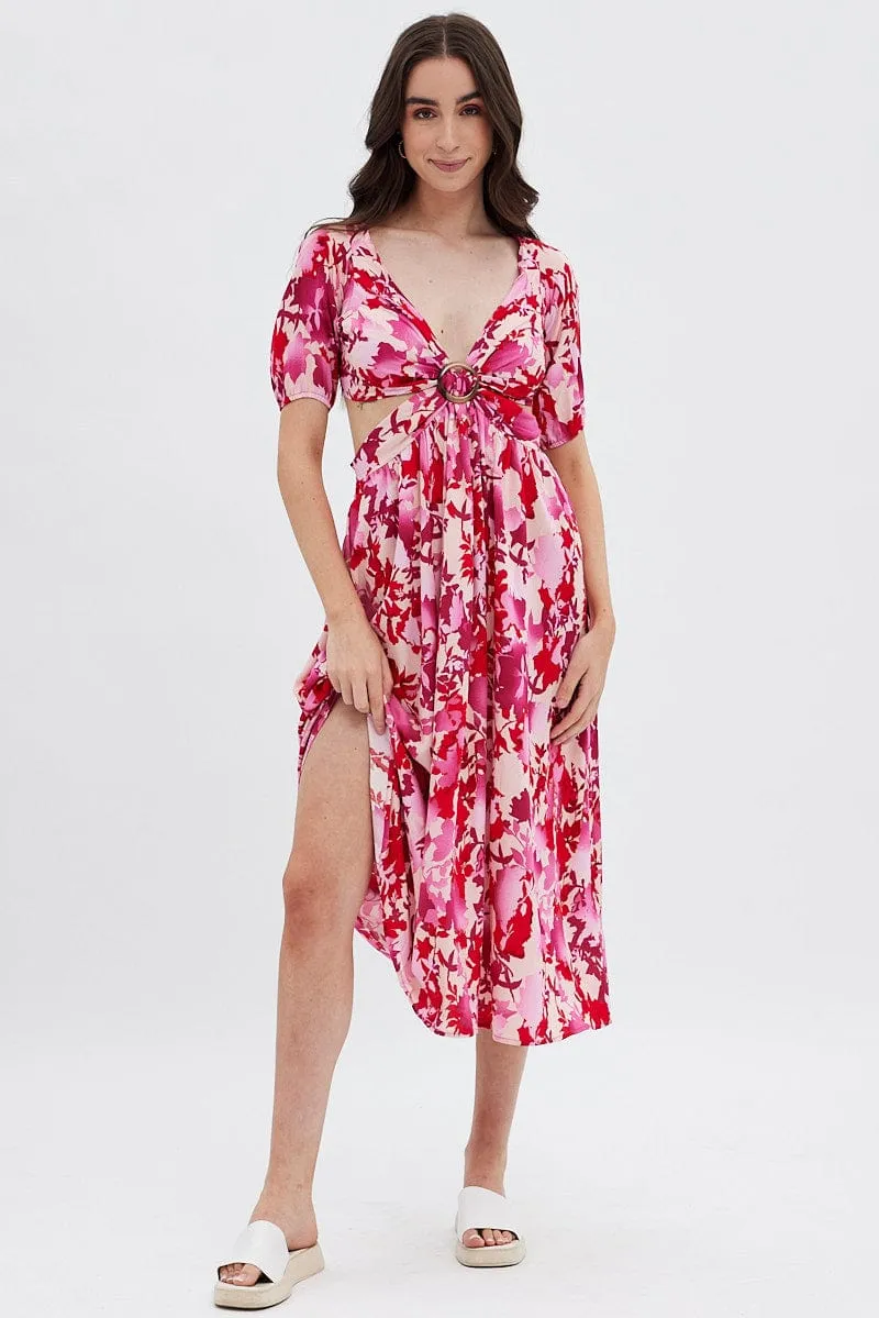 Red Floral Cutout Midi Dress sold by Ally Fashion