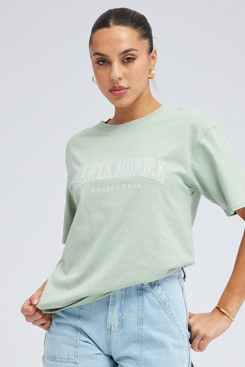 Green T Shirt Short Sleeve Crew Neck Santa Monica sold by Ally Fashion