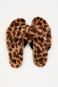 Print Plush Faux Fur Leopard Bow Detail Slippers sold by Ally Fashion